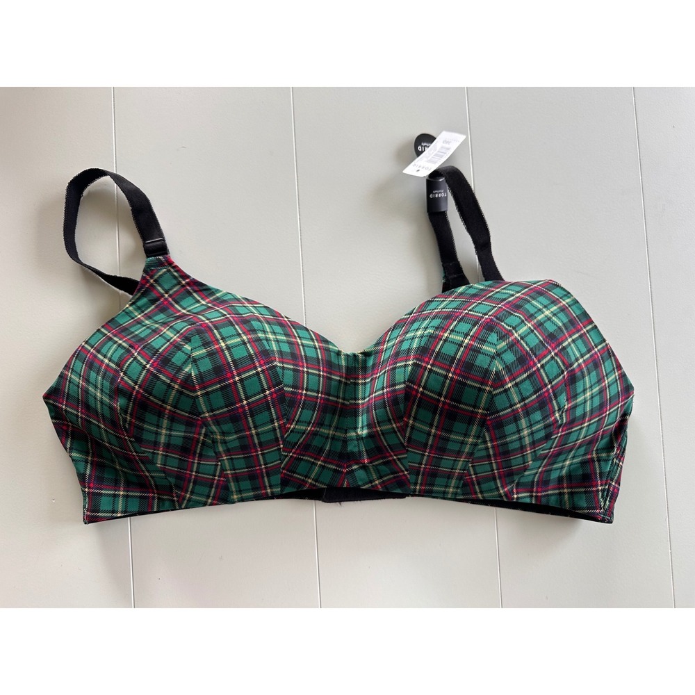 Torrid Dream Wire-Free Lightly Lined Bra 38D Green Red Plaid Tartan